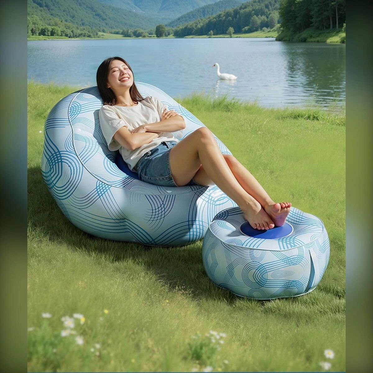 INF Canapé gonflable auto-gonflant pour 2 personnes avec repose-pieds et pompe à pied - PVC, valve à double étanchéité,