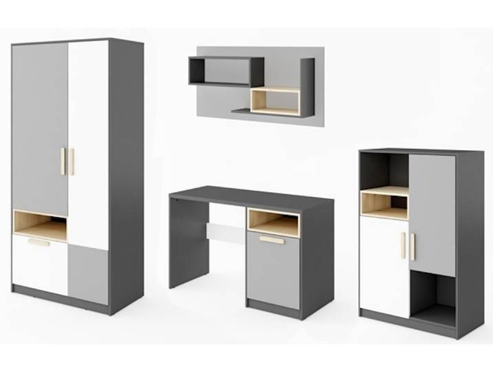 Feldmann-Wohnen Jugendzimmer-Set Pok, (Pok, 4-teiliges Möbelset für Kinder- und Jugenzimmer), 4-teilig graphit / grau / weiß / Buche Ibsen