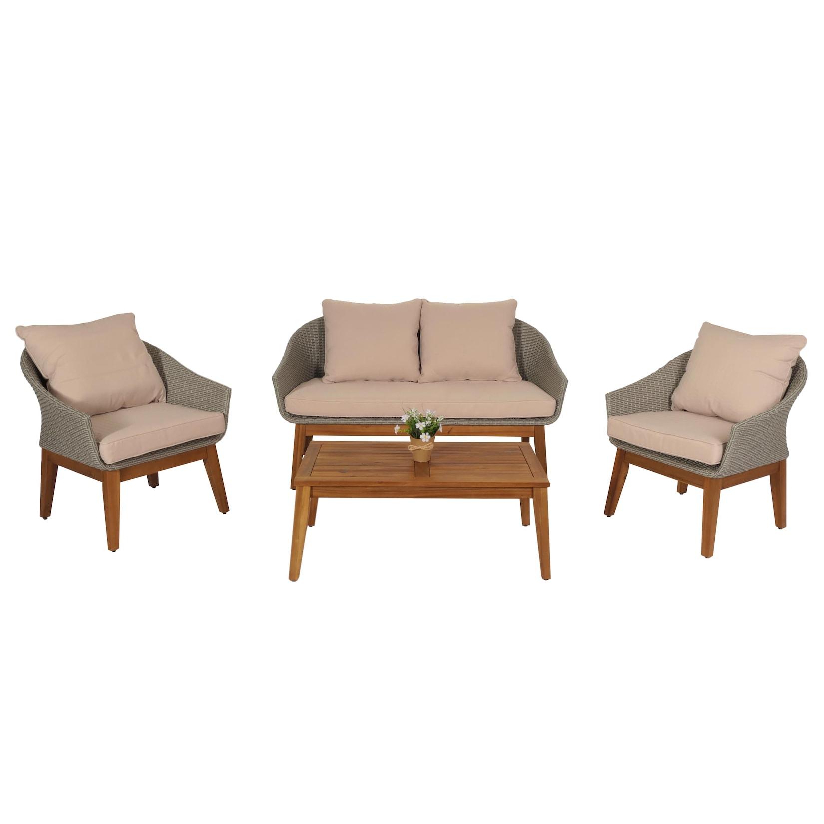 Gartengarnitur MCW-N37, Garten-/Lounge-Set Sofa Sitzgruppe, Poly-Rattan Holz Akazie ~ grau, Kissen beige