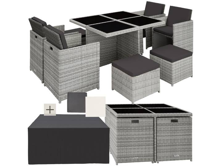 Aluminium Rattan Sitzgruppe Manhattan 4+4+1 mit Schutzhülle - hellgrau
