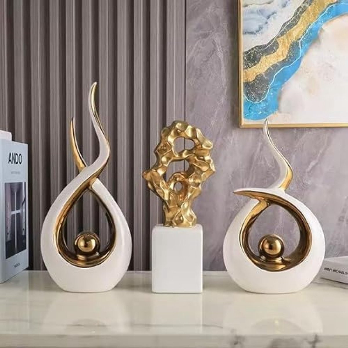 Luxe Decoratie Beelden Set Goud Wit - 3 Keramische Beelden voor Modern Interieur - Hoogte: 14-33 cm