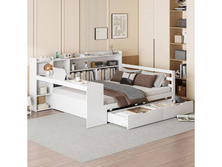 Lit combine 140x200 cm avec 2 tiroirs bureau tagres compartiments de rangement et tagres avec prises Blanc LIT COMBINE