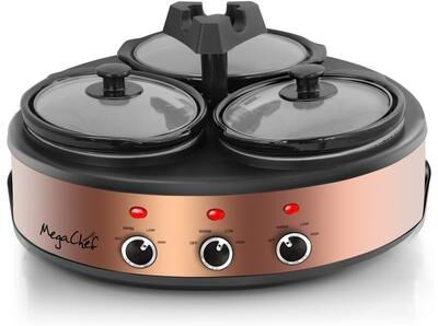 MegaChef Round Triple 1.5 Qt Slow Cooker Server in Copper with 3 Ceramic Pots