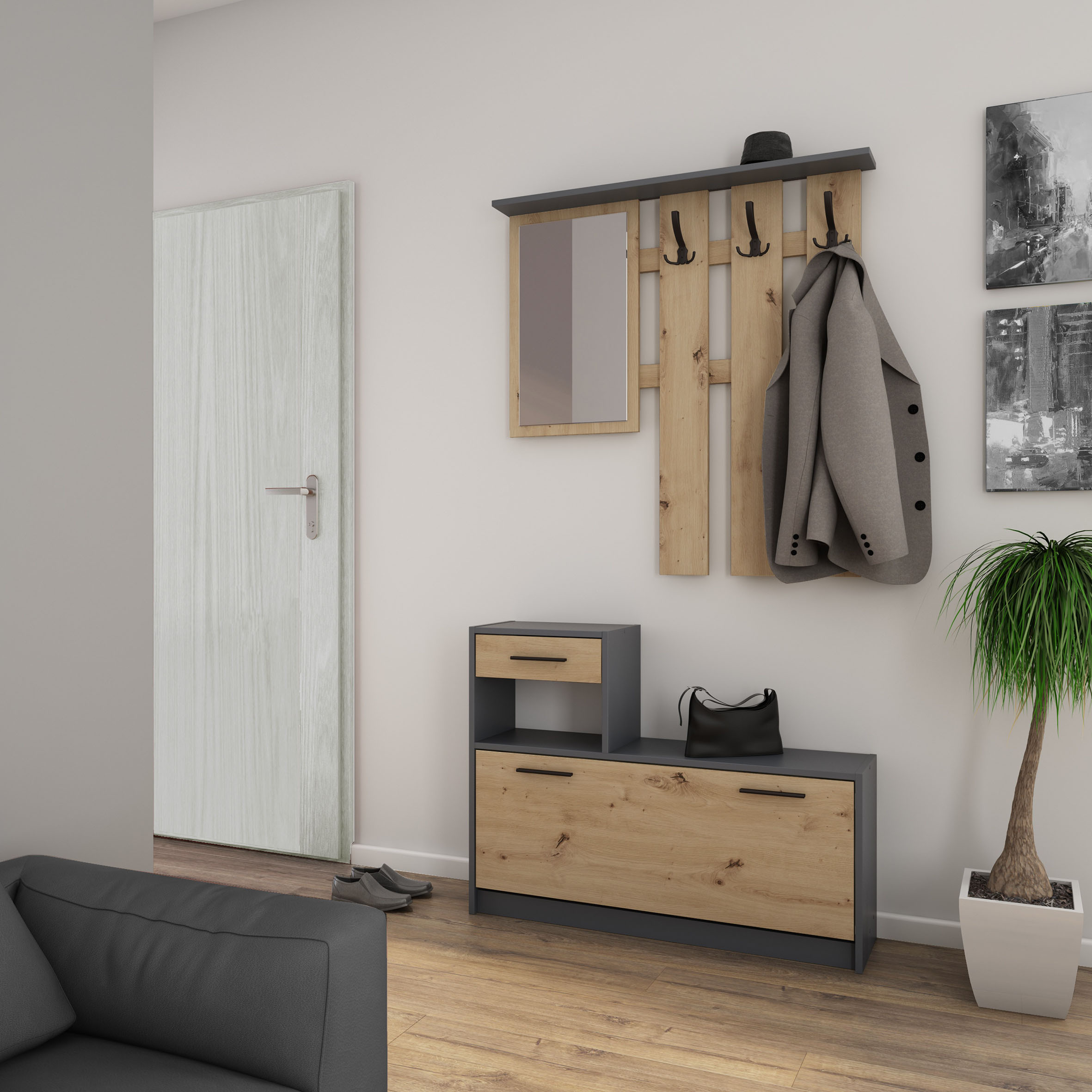 Garderoben-Set BYLIVING "TAMINA", braun (artisan eiche (eiche, optik)), B:97cm H:190cm T:25cm, ABS-Kunststoff, Holzwerkstoff, Kastenmöbel-Sets, Garderoben-Set, Artisan Eiche (Eiche-Optik), Spiegel, Hutablage, Stauraum für Schuhe artisan eiche (eiche, opti