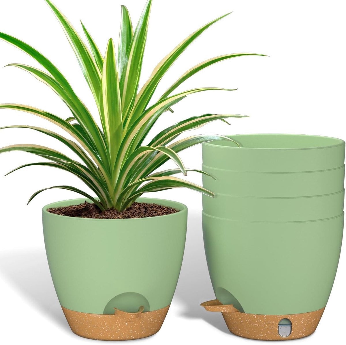 Set van groene zelfwaterende plantenpotten met 15 cm doorsnee