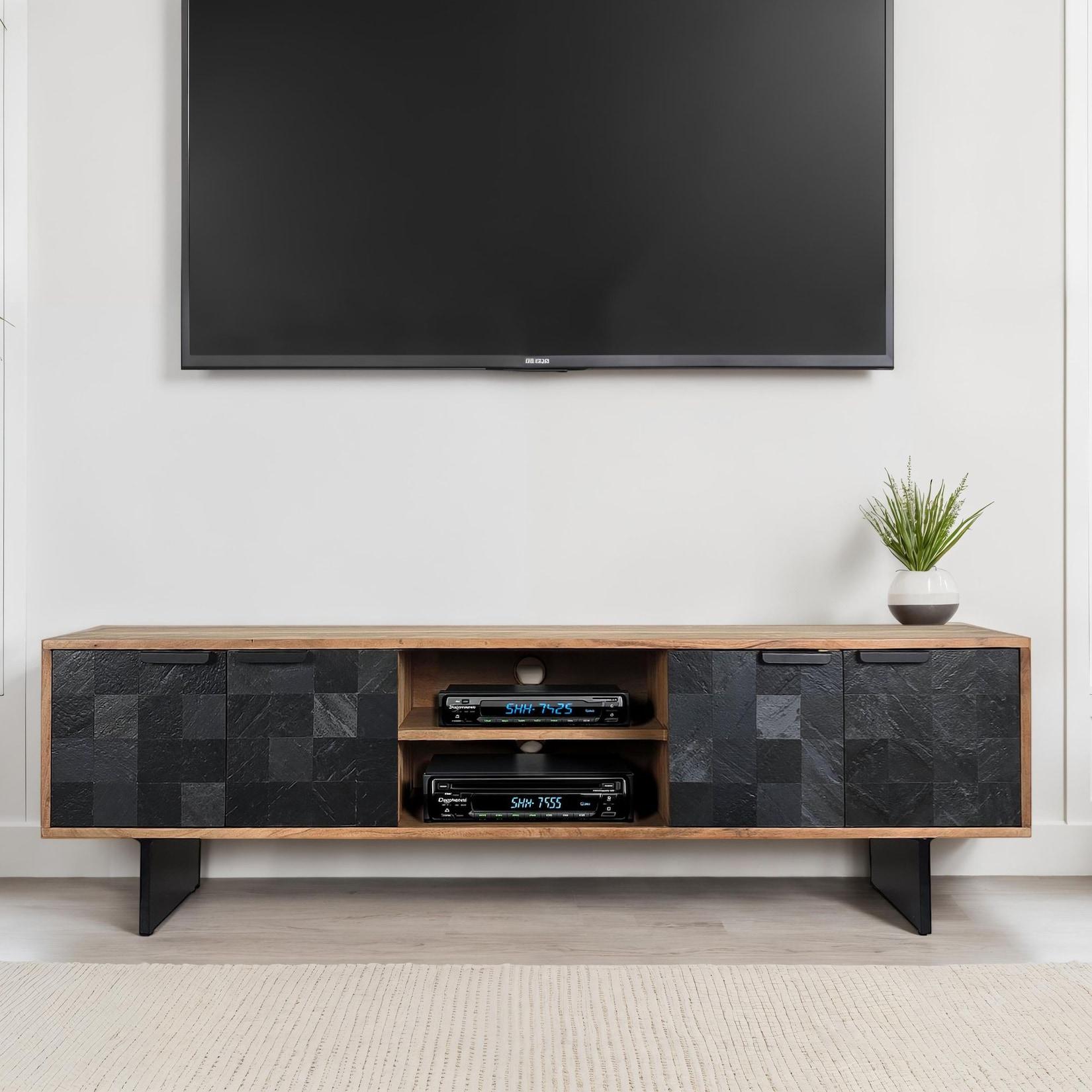 Lowboard FineBuy TV Board Akazie Massivholz 150 cm mit Steinoptik Fronten Groß