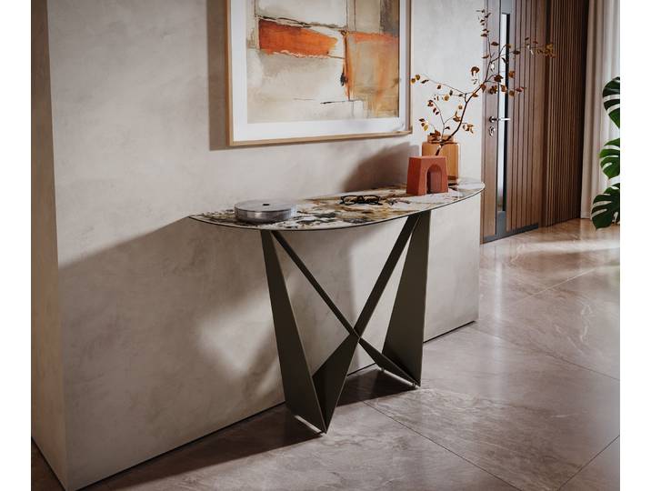 Table console Edge Oval 140x40 cm Céramique Patagonia Poli Spios Métal Finition effet Titan