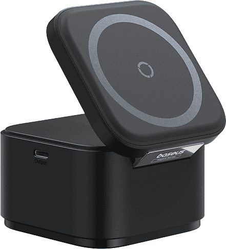 Base de carga - Baseus MagPro 2-en-1, Universal, Carga triple inalámbrica, 25W, Con cable retráctil, Negro Cosmic