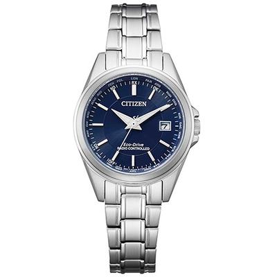 Funkuhr CITIZEN, silber (silberfarben, dunkelblau), Armbanduhren, Damen, silberfarben, Funkuhr, Armbanduhr, Damenuhr, Solar, Edelstahlarmband, Saphirglas, Datum