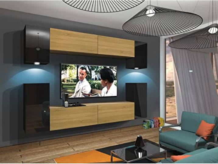 Furnitech Wohnwand Wohnzimmer Wohnzimmer Möbel mit LED Blau Hängend Wohnwand Modern Wohnzimmer Schrankwand mit Regale und TV Schrank (Rodos AN43-17BD-HGM47 1B)