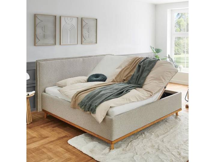 HOMELIV. Polsterbett SwitchIT Örebro Webstoff mit Bettkasten und Lattenrost 180x200 cm Sand skandinavisch, Mit abnehmbarem Bezug