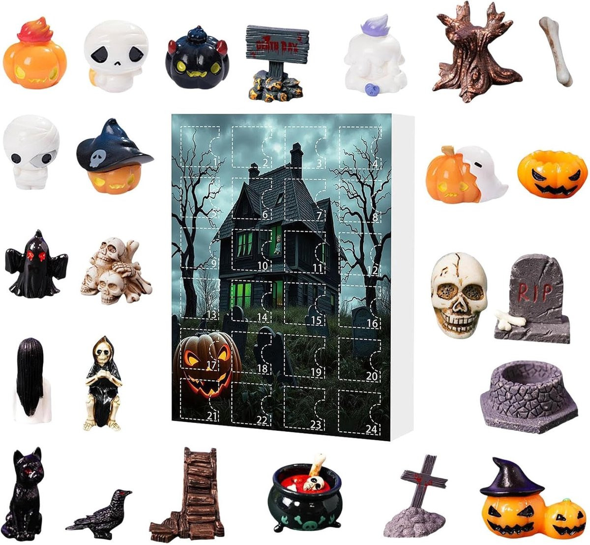 Halloween Adventskalender 2025 met spook, skelet en pompoen decoratie voor kinderen