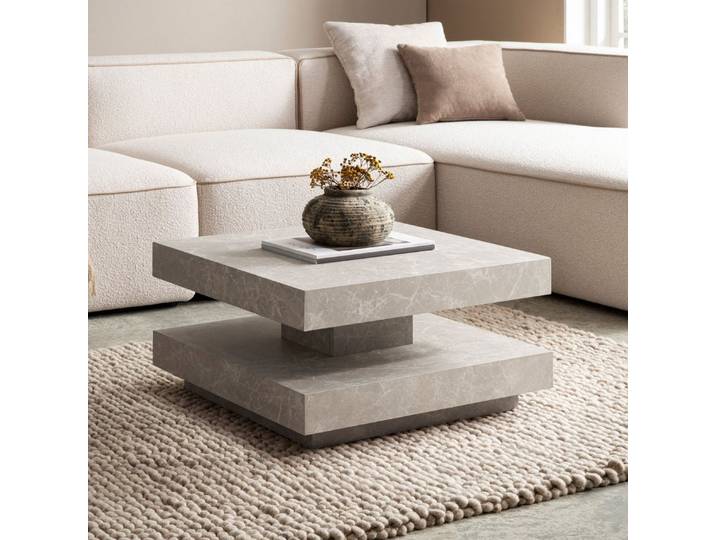 FINEBUY Couchtisch FB59751 60 cm Wohnzimmertisch Sofatisch Quadratisch Klein (60 cm MDF, Wohnzimmertisch Stein Optik Sandfarben), Sofatisch Beige Modern, Kaffeetisch Quadratisch
