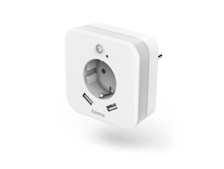 Hama LED Nachtlicht mit Steckdose, 2x USB A, Bewegungs- und Lichtsensor
