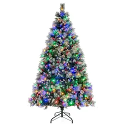 COSTWAY 210 cm LED-Kunstweihnachtsbaum, beleuchteter Weihnachtsbaum mit Tannenzapfen, roten Beeren und Metallständer