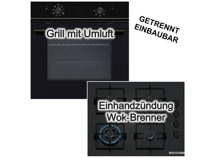 Wolkenstein Backofen-Set Einbaubackofen ECO + Bosch Gaskochfeld Wokbrenner Zündsicherung