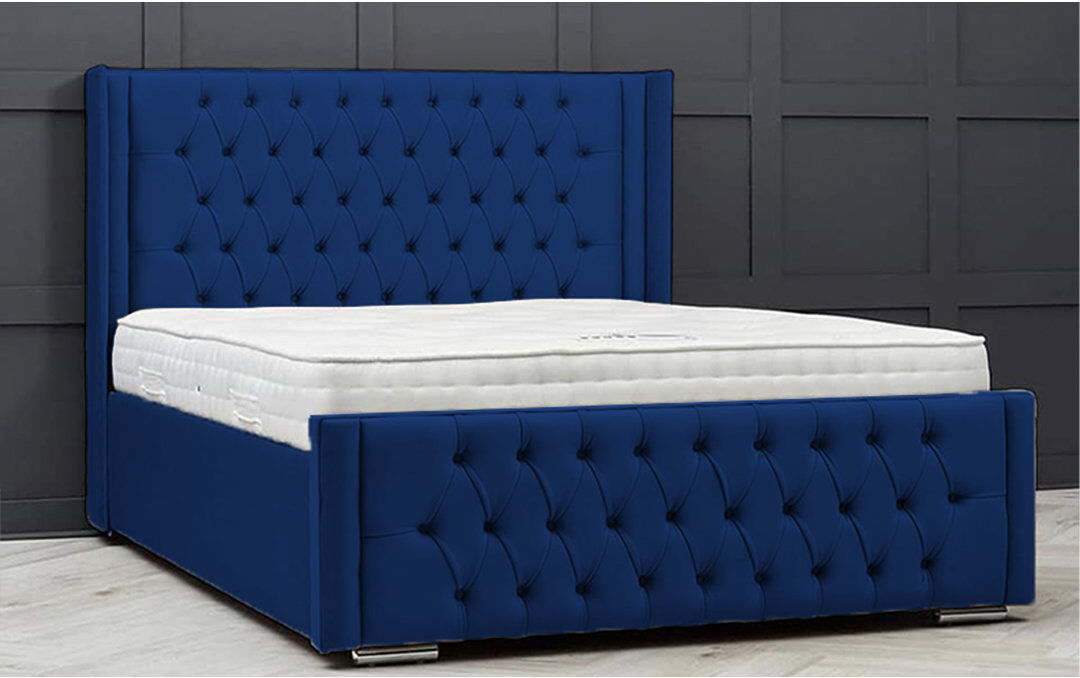 Ophelia & Co. Lucio Velvet Upholstered Bed Frame - Curved Headboard, Sprung Slatted Base Blue Kingsize (5')