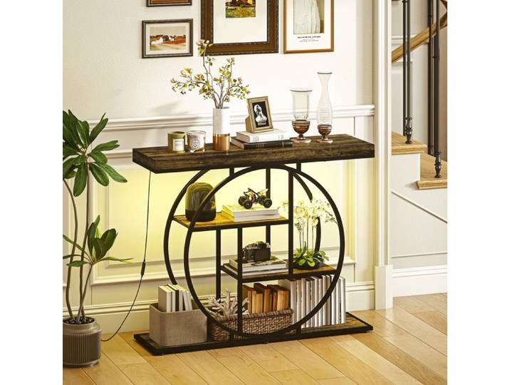 Console meuble avec éclairage LED 100 cm table console à 4 niveaux avec étagères ouvertes marron rustique et noir