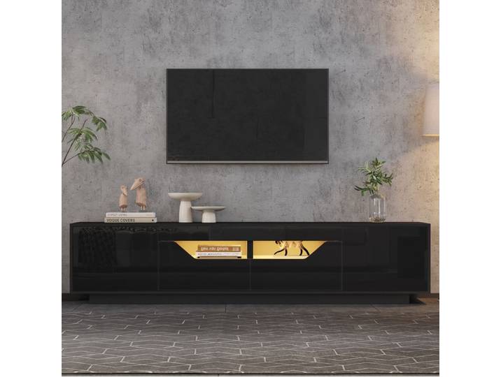 Meuble TV 180 Cm Noir Brillant Meuble TV Moderne FloraGrace Pour Salon Avec LED Et Rangement 180x40x45cm