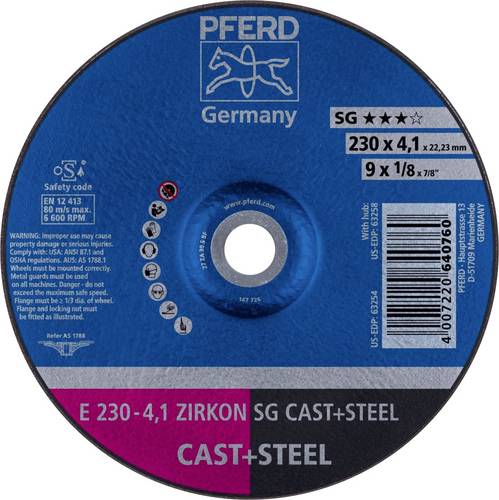 PFERD TOOLS 62218310 E 230-4,1 ZIRKON SG CAST+STEEL Schruppscheibe gekröpft Durchmesser 230mm Bohrungs-Ø 22.23mm Grau-/Sphäroguss
