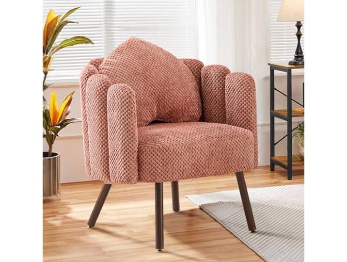 Ckaff Sessel Wohnzimmer mit Kissen, Gepolsterter Muschel Sessel mit Blütenblatt-Rückenlehne aus Bouclé, Schminktisch Stuhl Loungesessel mit Holzbeine fürs Wohnzimmer Schlafzimmer (Rosa, 1 Stück)