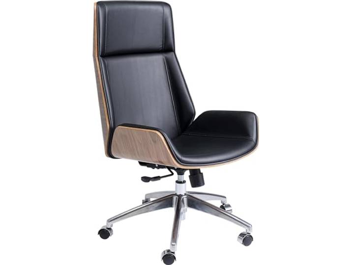 Kare Design Bürostuhl Rouven, Schwarz, Drehstuhl, Polsterstuhl, Stahl Gestell, Holz Rückenlehne, 360 Grad drehbar, höhenverstellbar, rollbar, mit Kippfunktion, 112x59x64 cm (H/B/T)