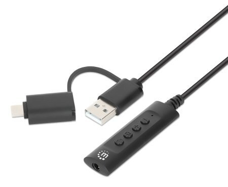 Manhattan 2-in-1 USB-C en USB-A naar 3,5 mm stereo audio adapterkabel, zwart, 1 meter