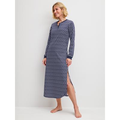 Nachthemd CALIDA "Midnight Hearts", Damen, Gr. M (44/46), N-Gr, peacoat blau, Interlock, Obermaterial: 100% Baumwolle, bequem lang, Rundhals, Kleider Nachthemd, Knopfleiste und Rundhalsausschnitt, lange Ärmel