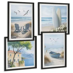 BILDER SET 4er Set - 50x50 cm & 40x60 cm Schwarzer Rahmen - Strandbretter, Surfboote, Vögel