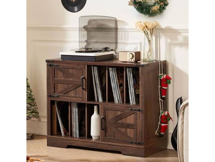 LELELINKY Plattenspieler Schrank mit Schallplattenregal für 300 Alben 100 cm breit, 6 offene Fächer, 2 Türen, viel Stauraum für Vinyl und Zubehör, für Wohnzimmer & Musikzimmer,Braun