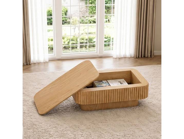 Table Basse Rectangulaire Cannelée avec Rangement Caché Table de Salon Moderne Plaquée de Bois Massif Table D'appoint Bois Naturel