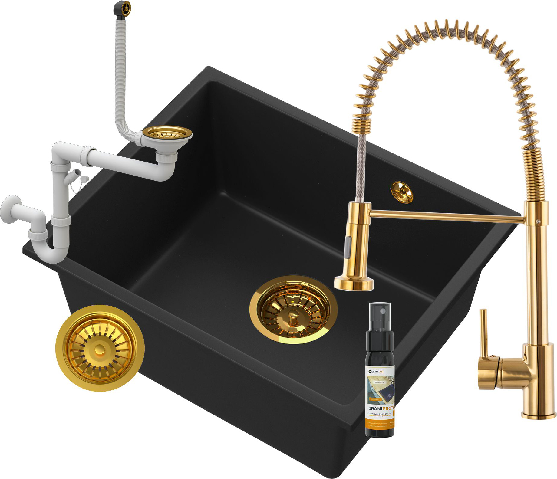 Granitan - Unterbauspüle - Granitspüle - Schwarz - mit Armatur & Siphon Gold - Küchenspüle
