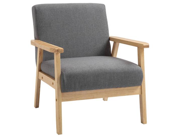 Redom Loungesessel Leinenoptik mit Holzgestell, 2 Polstern 64/70/72 cm Grau, 70x72x64 cm, Wohnzimmer, Sessel, Polstersessel
