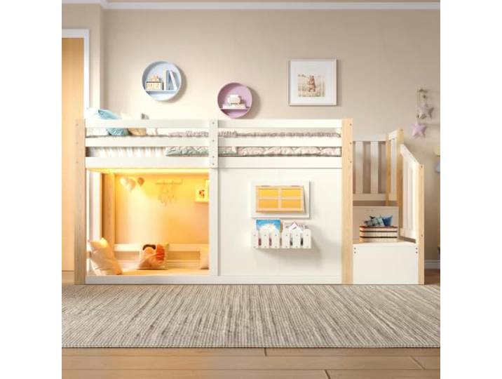 DUlVBPE Hochbett, 90 x 200 cm, Kiefernholz, Fenster, Aufbewahrungsleiter, LED-Lichtleiste, Ohne Matratze, Natur + Weiß