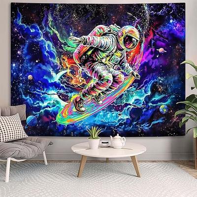 Psychedelischer Astronaut surft im Weltraum, Galaxie, Nebel, Planeten, Sterne, Regenbogen, leuchtende Farben – Wandteppich für Schlafzimmer, Spielzimmer, Studentenwohnheim, ästhetische