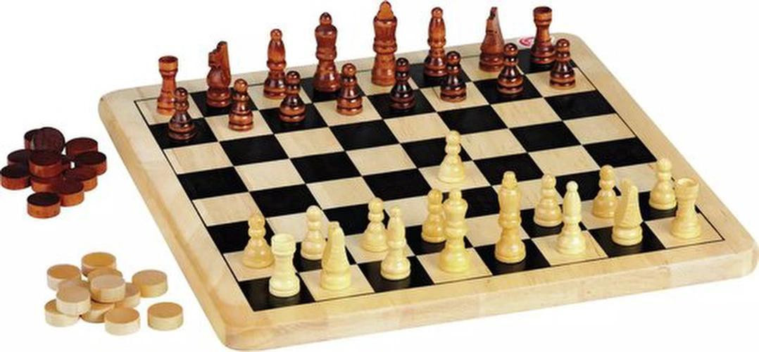 Chad Valley Houten schaak- en damspel voor 2 of meer spelers, B/D/H: 29 x 29,5 x 4 cm