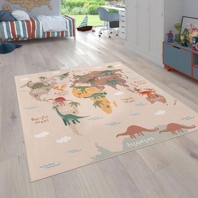 Kinderteppich PACO HOME "Bino 583", beige, B:140cm H:4mm L:200cm, Polyester, Teppiche, Kinderteppich, Spielteppich, Motiv Weltkarte & Dinosaurier, Kinderzimmer