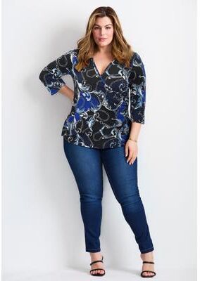 Plus Size Women's Side Ruched Faux Wrap Top by Avenue in Blue Chain Scroll (Size 16)