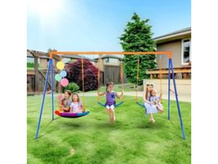 VEVOR Schaukel-Sets für den Garten, Schaukel-Set mit einer Tragkraft von 272 kg, mit 1 Tellerschaukelsitz, 2 Schaukelsitzen mit Gurten, robustem A-Rahmen-Schaukelständer aus Metall und verstellbarem Seil, Schaukel-Set für den Außenbereich für Kinder