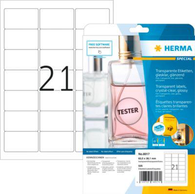 Herma Folien-Etiketten Nr. 8017, Polyesterfolie, wetterfest, transparent, glänzend, bedruckbar, permanent, 250 Stück auf 25 Blatt