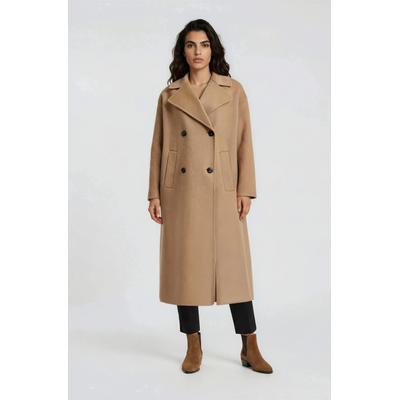 Wintermantel MILANO ITALY, Damen, Gr. 42, beige (camel), Web, Material: 100% Wolle, unifarben, regular fit lang, V-Ausschnitt, eingesetzt gerader Abschluss, Mäntel Wintermantel