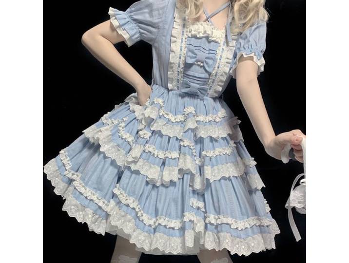 Robe japonaise Sweet Lolita pour filles, dentelle vintage, nœud papillon, bretelles croisées, taille haute, robe victorienne dégradée, Kawaii, Op Loli Cosp