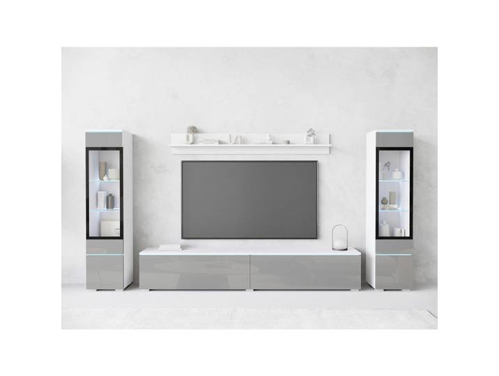 P & B Wohnwand, Weiss, Grau Hochglanz, Kunststoff, 4-teilig, 6 Fächer, 240x130x33 cm, Fsc, stehend, hängend, Beleuchtung, Wohnzimmer, Wohnwand, Komplette Wohnwand