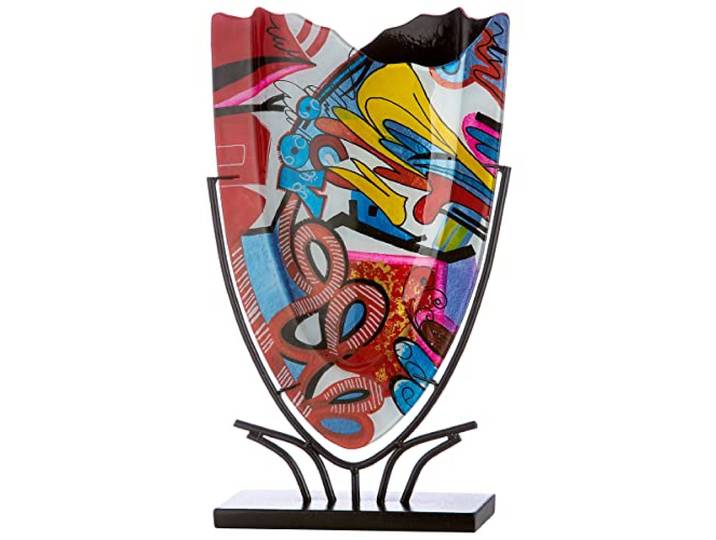 Glas Art Vase Dekovase im Street Art Design auf Metall Ständer - Deko Wohnzimmer - Geschenk für Frauen Geburtstag - Farbe: rot - Höhe 47 cm