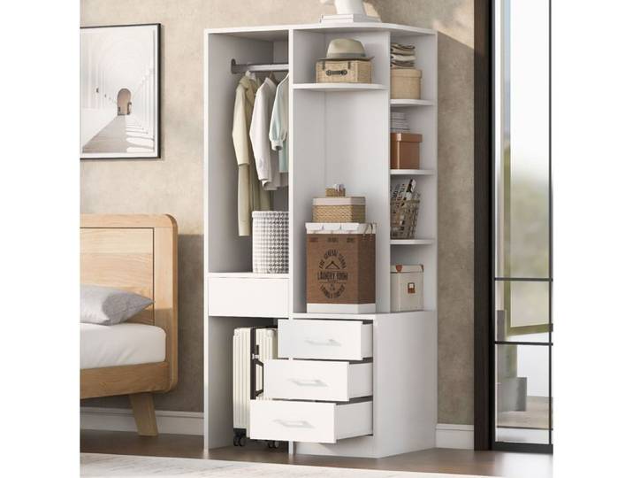MEULVA Armoire ouverte 70 x 55 x 175 cm 3 tiroirs étagères penderie blanche