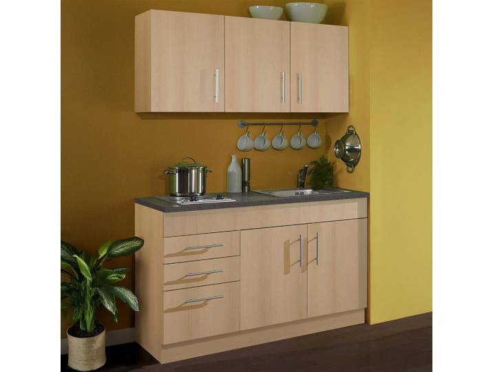 Held Miniküche Toronto, Buche, 3 Schublade(n) Schubladen, nur wie online abgebildet bestellbar, seitenverkehrt montierbar, 120 cm, Made in Germany, links aufbaubar, rechts Anti-Fingerprint, Küchen, Miniküchen