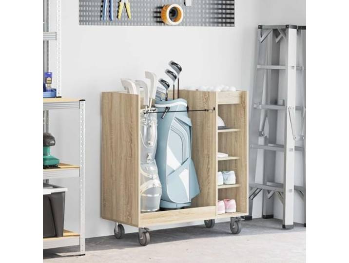 KGTKGTYER Golf Schrank, Holz Regal auf Rollen, Sonoma-Eiche 90 x 45 x 98 Metallrahmen, Opake Oberfläche, Kompakter Stauraum