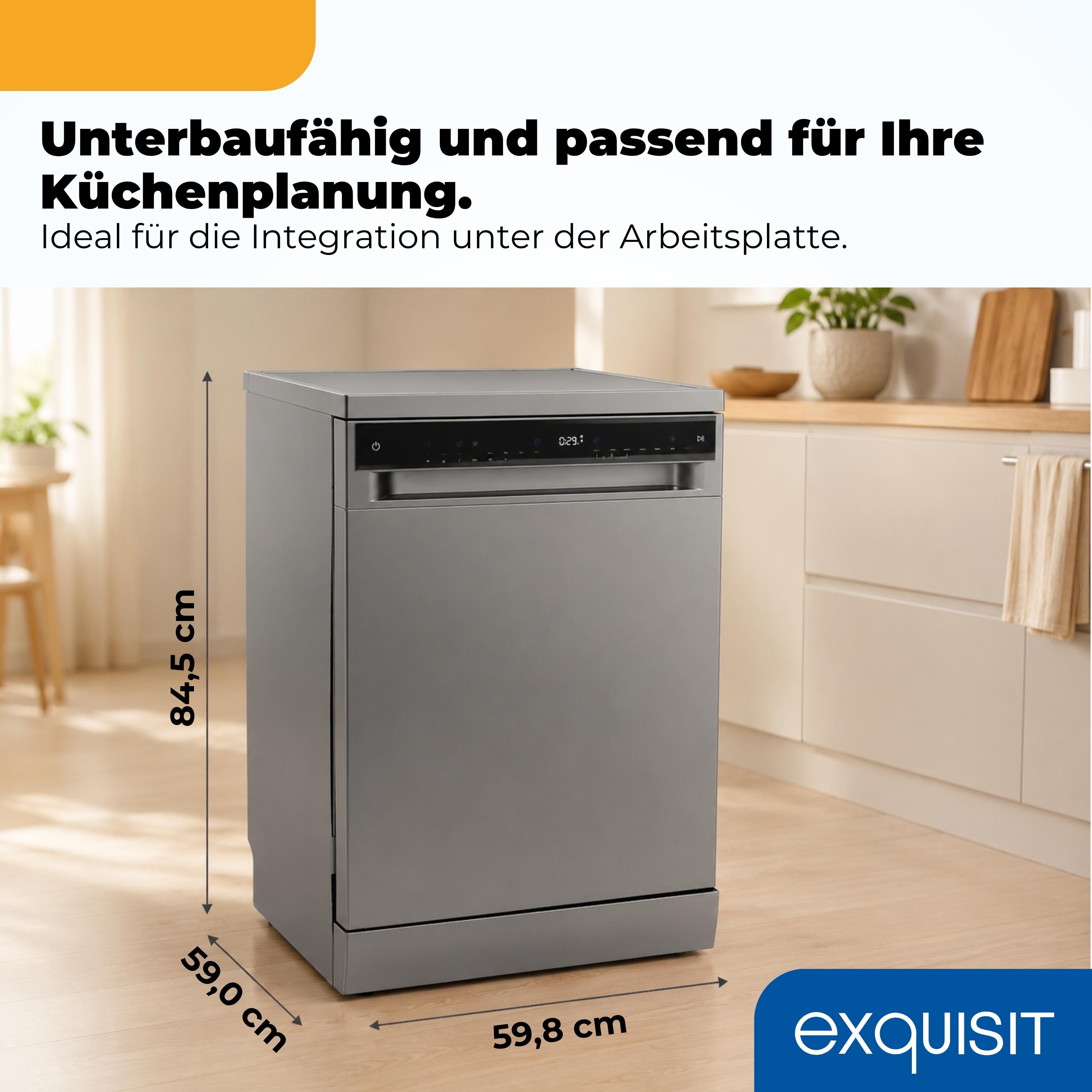 Exquisit Geschirrspüler 16 Maßgedecke | Energieklasse C | 8 Spülprogramme | Aquastop | Innenbeleuchtung | Unterbaufähig | Startzeitvorwahl | Silber