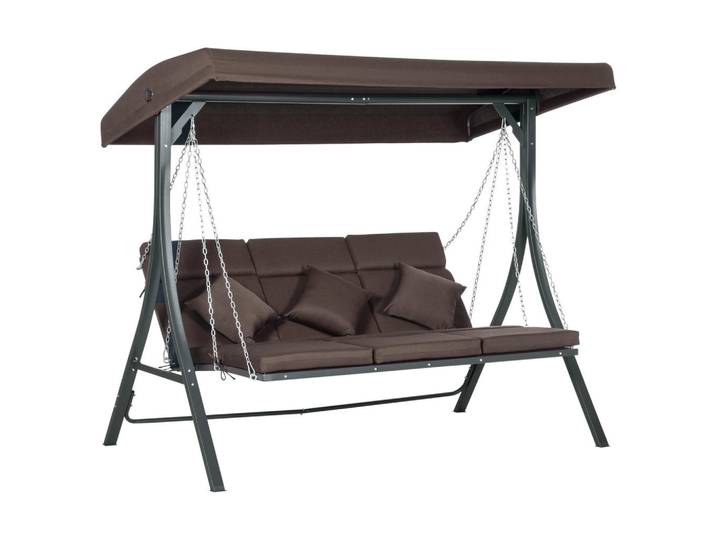Outsunny Hollywoodschaukel 3-Sitzer Gartenschaukel Verstellbares Dach Texteline Braun, Metall, 118x168x198 cm, Gartenmöbel, Gartenschaukeln, Hollywoodschaukeln