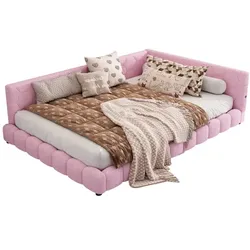 OKWISH Tagesbett 140x200 mit Lattenrost, LED-Umgebungslicht, USB- & Typ-C-Anschluss, Vliesimitat & MDF, modernes Design Rosa